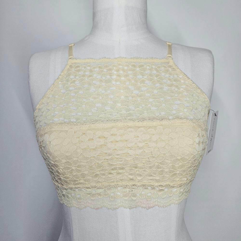 French Affair Sze M/L Bralette Bra Lace Overlay Halter Bandeau Cream White Smoke